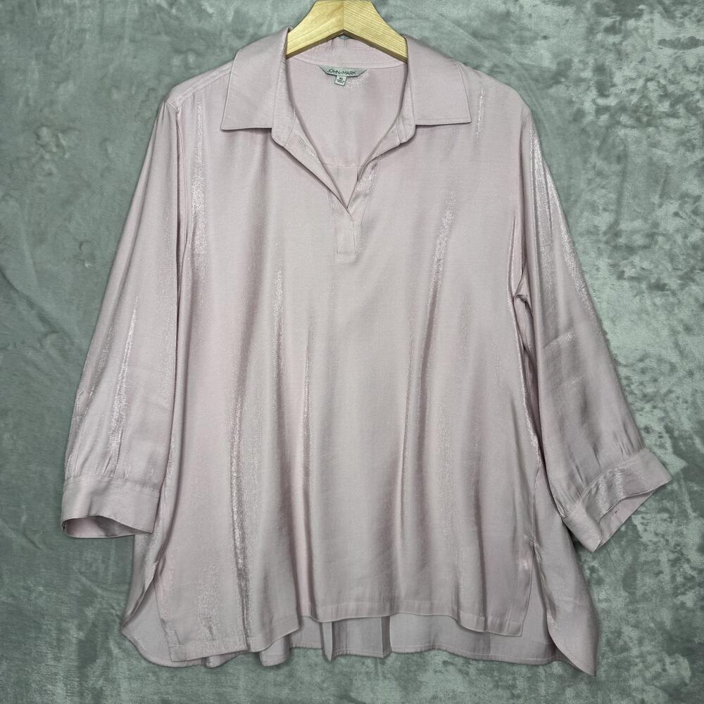 John Mark Shirt Womens XL Pink Shimmer Top 3/4 Sleeve Split Hem Collar Flowy